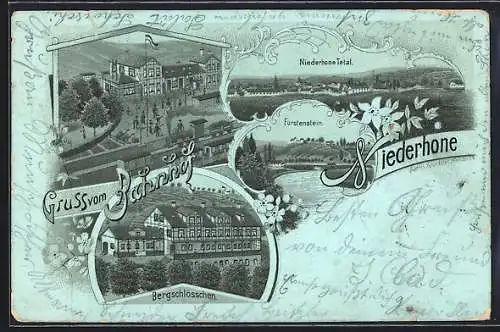 Mondschein-Lithographie Niederhone, Bahnhof, Bergschlösschen, Totalansicht und Fürstenstein