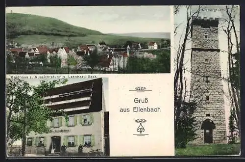 AK Ellenbach, Gasthaus zum Aussichtsturm von Leonhard Bock, Arzbergturm und Totalansicht