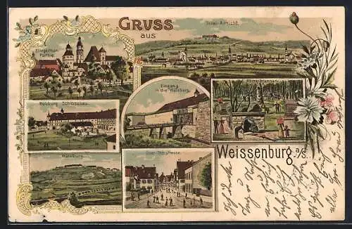 Lithographie Weissenburg a. S., Ellingerthorpartie, Wülzburg, Römerbrunnen