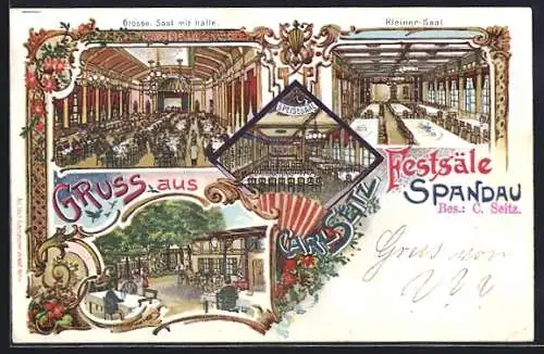 Lithographie Berlin-Spandau, Restaurant Festsäle von C. Seitz, Speisesaal, Grosser und kleiner Saal