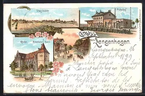 Lithographie Langenhagen, Bahnhof, Kirche und Totalansicht