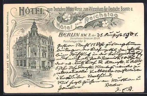 Lithographie Berlin, Hotel zum Reichstag, Dorotheenstrasse 33-34, Reichstags-Ufer 9