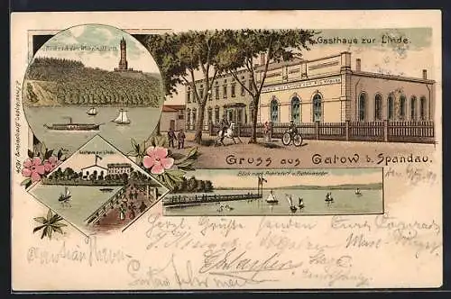 Lithographie Berlin-Gatow, Gasthaus zur Linde, Blick nach dem Wilhelmsturm