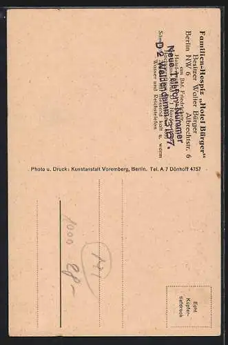 AK Berlin, Familien-Hospiz Hotel Bürger, Bes. Walter Bürger, Albrechtstr. 6 am Bhf. Friedrichstrasse