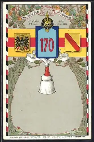 Künstler-AK 9. Badisches Inf.-Regt. No. 170, Wappen, Eichen und Pickelhaube