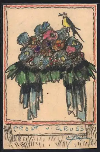 Künstler-AK Handgemalt sign. Carl O. Arends: Prost und Gruss, Vogel mit gelber Brust sitzt auf einem Blumenstrauss