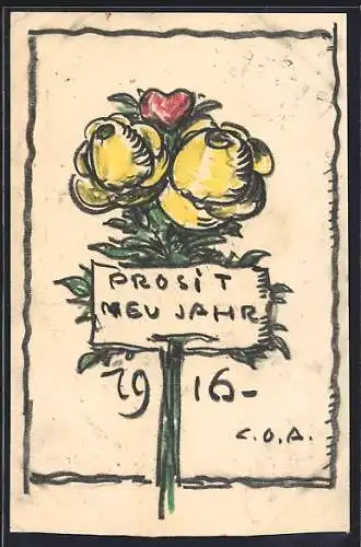 Künstler-AK Handgemalt sign. Carl O. Arends: Neujahrsgruss mit der Jahreszahl 1916, Gelbe Blüten und rotes Herz