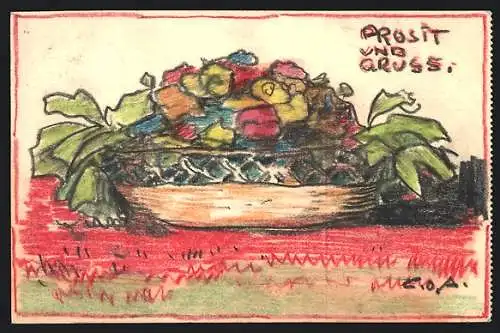 Künstler-AK Handgemalt sign. Carl O. Arends: Bunte Blumen in einem Korb, Prosit und Gruss