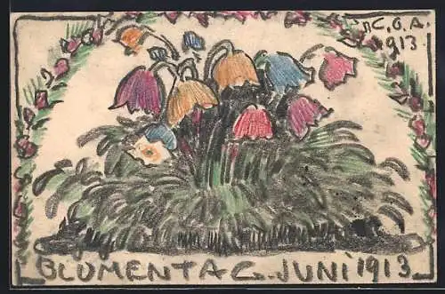 Künstler-AK Handgemalt sign. Carl O. Arends: Blumentag 1913, Buntes Blumengesteck unter einer Girlande