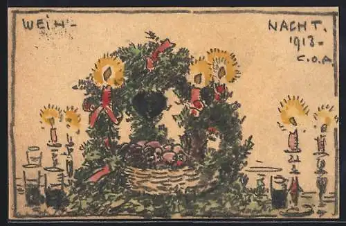 Künstler-AK Handgemalt sign. Carl O. Arends: Weihnachten 1913, Weihnachtsgesteck mit brennenden Kerzen