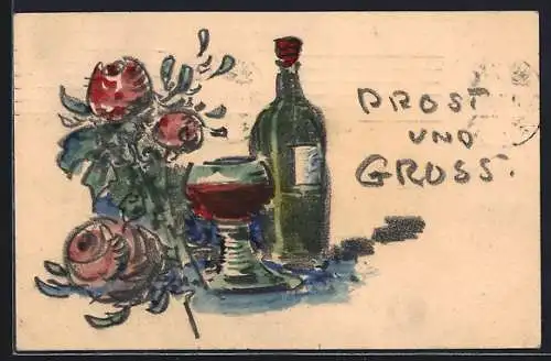 Künstler-AK Handgemalt sign. Carl O. Arends: Stilleben mit Weinflasche, Weinglas und Rosen, Prost und Gruss