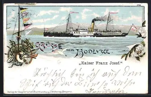 Lithographie Grüsse vom Bodensee, Raddampfer Kaiser Franz Josef