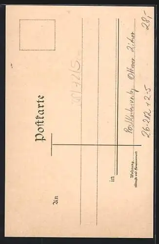Künstler-Lithographie Paul Hey: Haus No. 20 im Färbergraben mit Postkartenverlag Ottmar Zieher, Student im vollen Wichs
