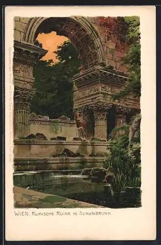 Künstler-Lithographie Paul Hey: Wien, Römische Ruine in Schönbrunn