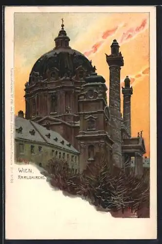 Künstler-Lithographie Paul Hey: Wien, Abendstimmung an der Karlskirche