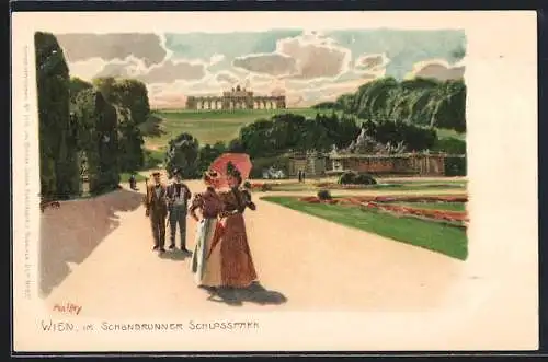 Künstler-Lithographie Paul Hey: Wien, Im Schönbrunner Schlosspark