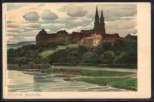 Künstler-Lithographie Paul Hey: Klosterneuburg, Kloster mit Flusspartie