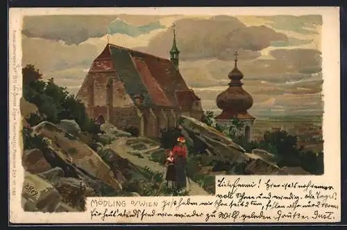 Künstler-Lithographie Paul Hey: Mödling, Blick zur Kirche