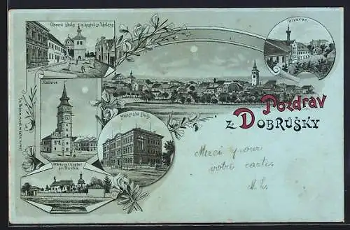 Mondschein-Lithographie Dobruska, Radnice, Mestanské skoly, Hrbitovní kostel sv. Ducha, Pivovar