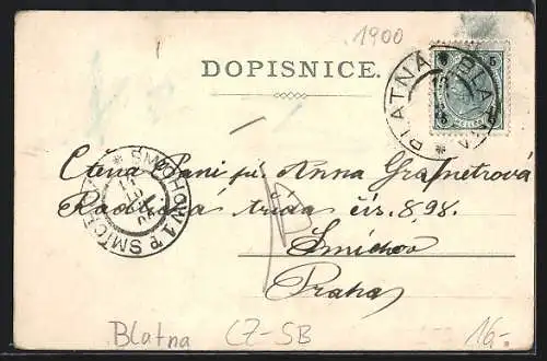 Lithographie Blatna, Námestí s Kostelem, Zámek, Pohled