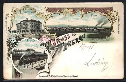 Lithographie Prerau, Gymnasium, Bahnhof, Ortsansicht