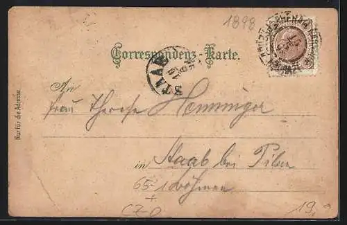 Lithographie Prerau, Gymnasium, Bahnhof, Ortsansicht