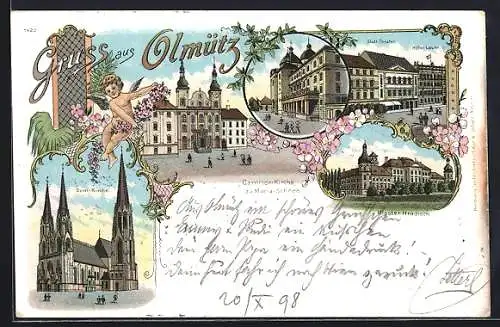 Lithographie Olmütz, Hotel Lauer, Domkirche, Stadt-Theater