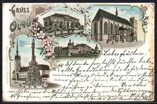 Lithographie Olmütz, St. Mauritzkirche, Kloster-Hradisch, Rathaus