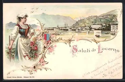 Lithographie Locarno, Stadtansicht vom See her, Tessinerin in Tracht