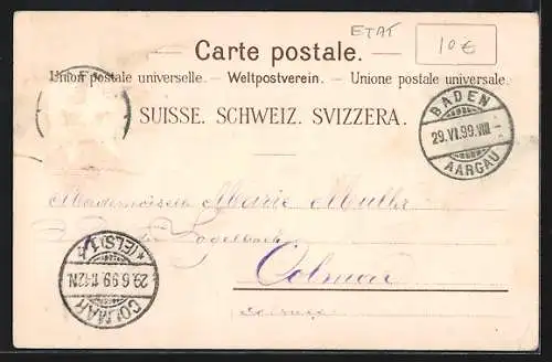 Lithographie Locarno, Stadtansicht vom See her, Tessinerin in Tracht