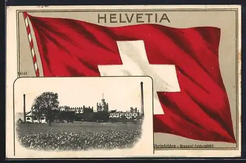 AK Rheinfelden, Die Brauerei Feldschlössli, Passepartout mit Schweizer Flagge