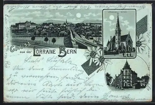 Mondschein-Lithographie Bern, Lorraine, Johannes-Kirche, Eckhaus, Totalansicht