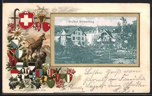 AK Schauenburg, Blick auf das Soolbad, Passepartout mit Gämse und Kantonswappen