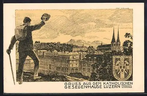 Künstler-AK Luzern, Mann grüsst zum Katholischen Gesellenhaus, Wappen