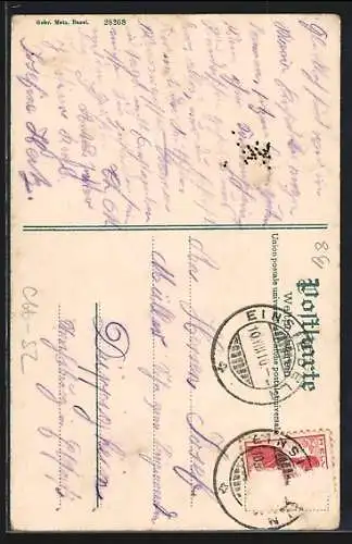 AK Einsiedeln, Gesamtansicht und Front des Klosters, Passepartout als Buchstabe E