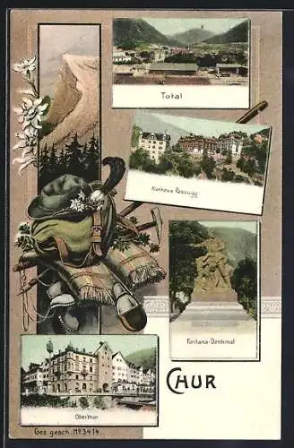 AK Chur, Kurhaus Passugg, Fontana-Denkmal, Oberthor, Wanderausrüstung