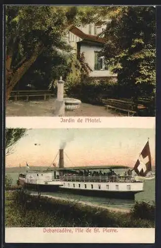 AK St. Petersinsel /Ile Saint-Pierre, Hotel mit Garten, Dampfer bei der Ankunft