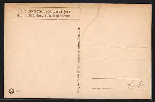 Künstler-AK P. Hey, Volksliederkarte Nr. 71: Es blicken drei freundliche Sterne, Männer und Frauen singen vorm Wirtshaus