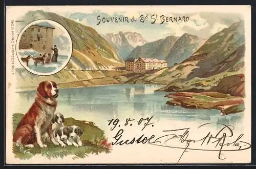 Lithographie Grand St. Bernard, Alpensee mit Haus, Bernadiner