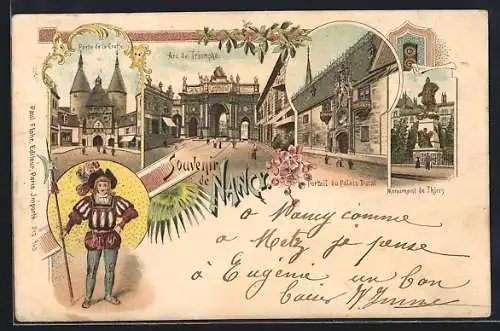 Lithographie Nancy, Porte de la Craffe, Arc de Triomphe, Monument de Thiers, Portail du Palais Ducat