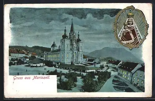 AK Mariazell, Blick zur Kirche am Abend, Gnadenbild