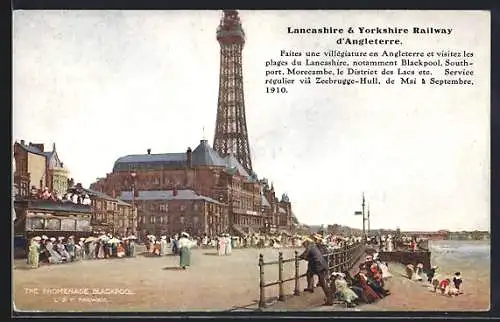 AK Blackpool, Promenade mit Leuchtturm und Passanten
