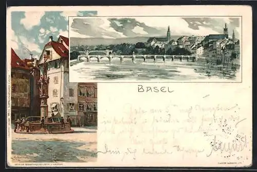 Künstler-AK Karl Mutter: Basel, Teilansicht mit Brücke, Brunnen