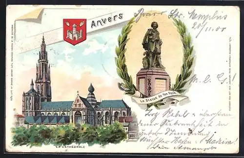 Lithographie Anvers, La cathédrale, la statue de Van Dyck, Wappen