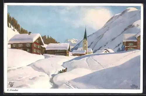 Künstler-AK sign. C. Kessler: Bergfriede, Zugeschneite Ortschaft bei Sonnenschein