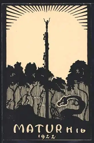 Künstler-AK Studenten erklimmen eine Säule, Matura 1922