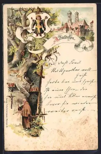Lithographie München, Altmünchen, Frauenkirche, Einsiedelei, Münchner Kindl