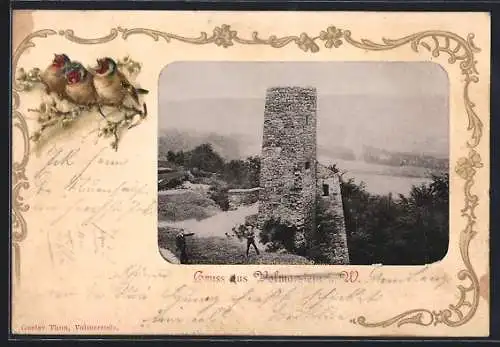 Lithographie Volmarstein i. W, Ruine, Vögel auf einem Zweig, Passepartout