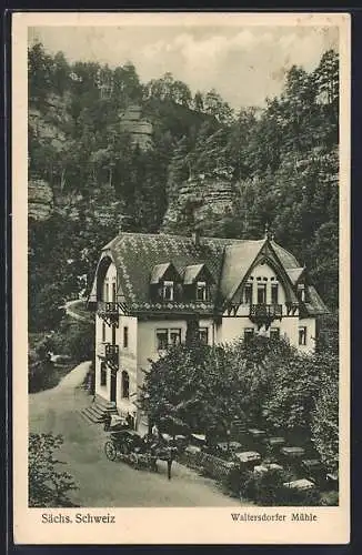 AK Hohnstein / Sächs. Schweiz, Gasthaus Waltersdorfer Mühle, Pferdekutsche
