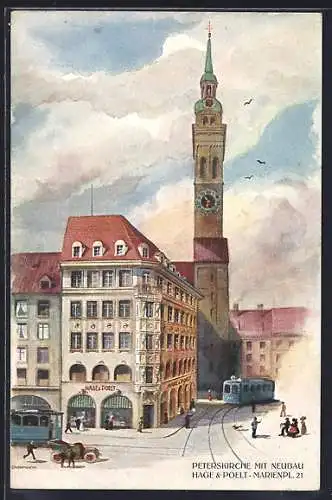 Künstler-AK München, Peterskirche mit Neubau Hage & Poelt